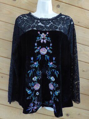 UMGEE Black Lace Velvet Goth Festival Dark Romantic Embroidered Dark Tunic Top S